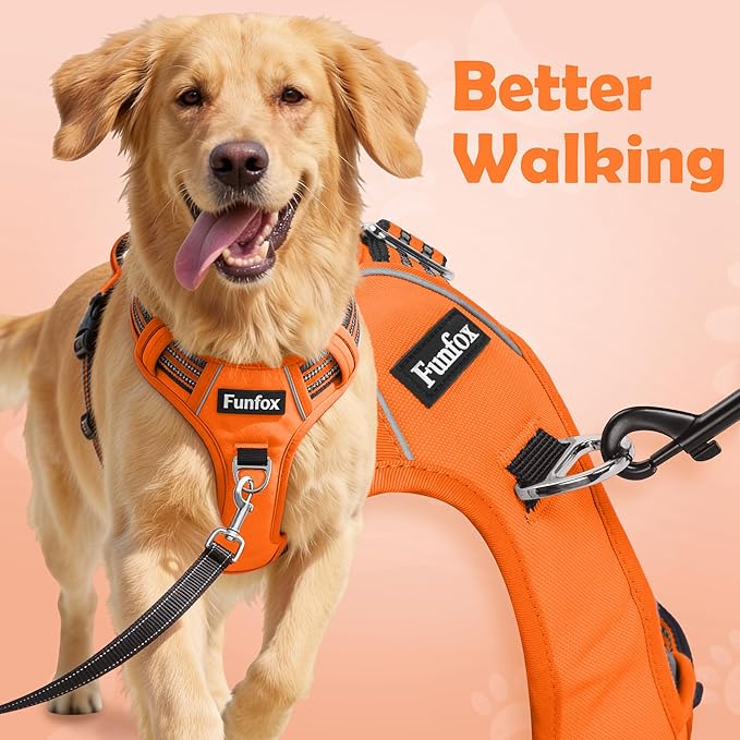 Funfox Dog Harness No Pull, Adjustable Pet Vest Harness, Super Soft Material with Vertical Handle Easy Control, Reflective Night Walking, 2 Leash Clips for Medium Sized Dogs, Orange, M