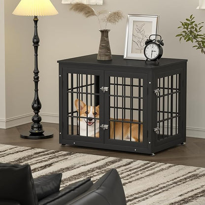 rehomerance 32 Inch Heavy Duty Dog Crate Furniture for Medium and Small Dogs, Decorative Pet House End Table, Wooden Cage Kennel Furniture Indoor, Black