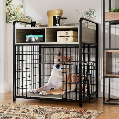 Kepptory Small Dog Crate Furniture with Drawers Storage, Puppy Dog Kennel Indoor with Double Doors, Heavy Duty Wooden Dog Cage Table, Sturdy Metal, Gray
