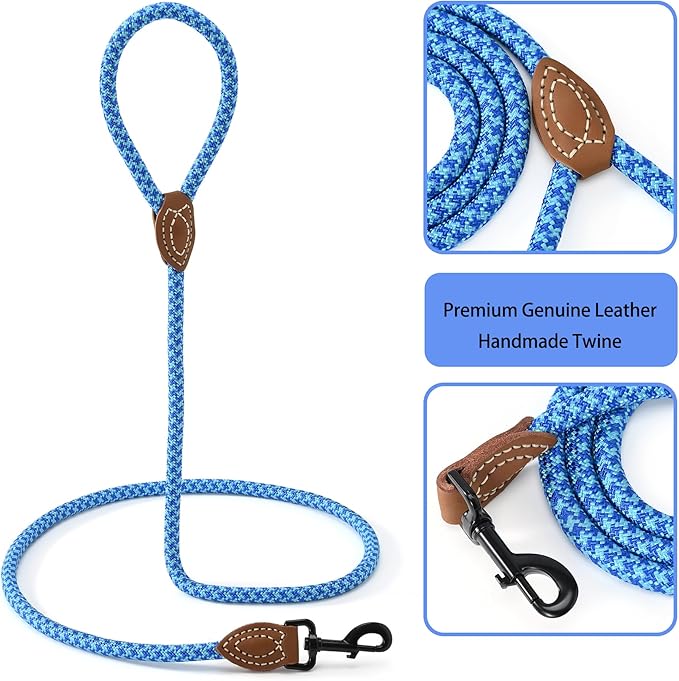 Mile High Life | Mountain Climbing Dog Rope Leash with Heavy Duty Metal Sturdy Clasp | Genuine Leather Tailored Connection with Strong Stitches (Sky Blue Hot Blue, 72 Inch (Pack of 1))