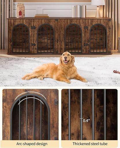 Hzuaneri 71" Dog Crate Furniture for 2 Dogs, Heavy Duty Indoor Dog Kennel TV Stand, XL Wooden Dog Cage with Divider for Medium Large Dogs, End Table Dog Crate with Cushion, Rustic Brown DFC81901B