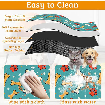 Dog Paws Cat Food Mat,Bones Absorbent Pet Feeding Mat for Food and Water Bowl,Quick Dry Dog Placemat Non Slip Rubber Backing Waterproof Pet Supplies 16" x 24"