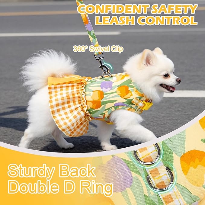 EXPAWLORER Dog Harness Small Medium Sized Dogs, Tulip Dog Dress Bowknot Harness and Leash Set, No Choke No Pull Soft Mesh Vest Cute Princess Puppy Outfits Clothes Costume for Girls Party Cats Yellow S