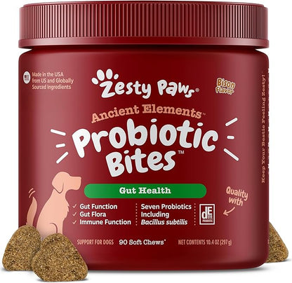 Zesty Paws Probiotics for Dogs, Digestive Enzymes Gut Flora, Digestive Health, Diarrhea & Bowel Support, DE111, Dog Probiotics Soft Chew for Pet Immune System, Chicken, 90 Ct