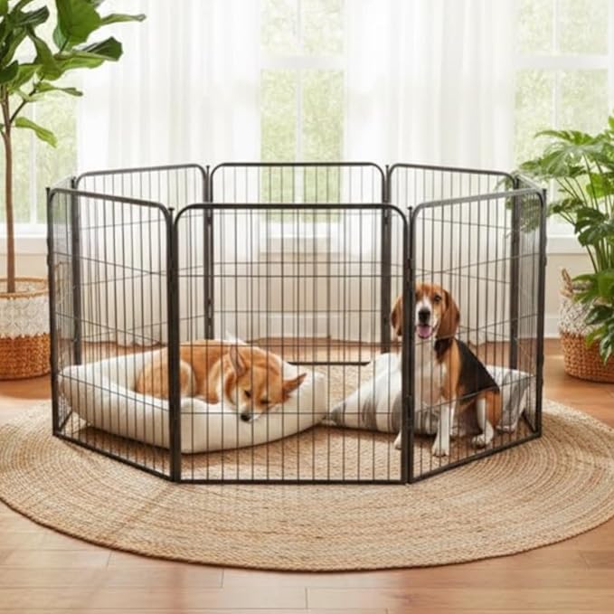 Dog Playpen w/Carrying Case for Indoor or Outdoor Use – 32 Inch, 8 Black Panels - Portable Metal Exercise Pen for Small & Medium Dogs - Pet Fence Kennel Crate for House, RV, or Travel