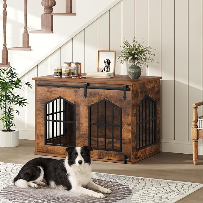 MAHANCRIS Dog Crate Furniture, 31.5" Farmhouse Dog Kennel with Sliding Barn Door, Wooden Dog Cage for Small Medium Dogs, Decorative Pet House Side End Table, Chew-Resistant, Rustic Brown DCHR9601