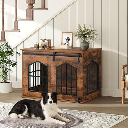 MAHANCRIS Dog Crate Furniture, 31.5" Farmhouse Dog Kennel with Sliding Barn Door, Wooden Dog Cage for Small Medium Dogs, Decorative Pet House Side End Table, Chew-Resistant, Rustic Brown DCHR9601