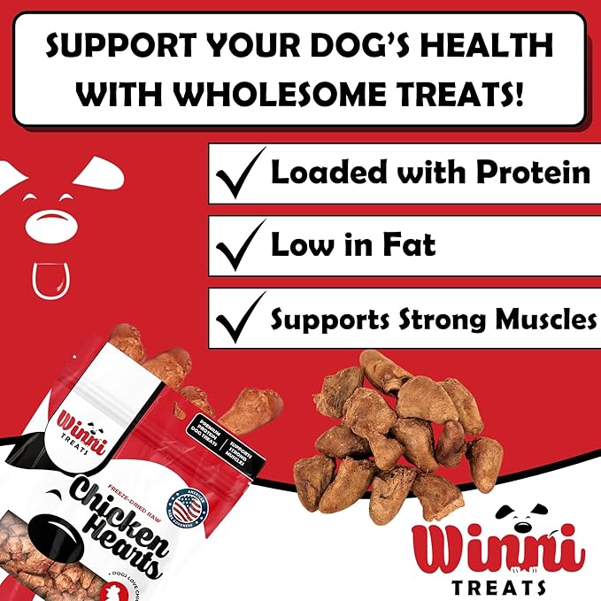 Winni Treats Freeze Dried Chicken Hearts for Dogs - Single Ingredient, Preservative-Free, Premium Chicken Hearts, High in Protein for Strong Muscles, Low in Fat, Healthy Dog Treats (3.75 Ounces)