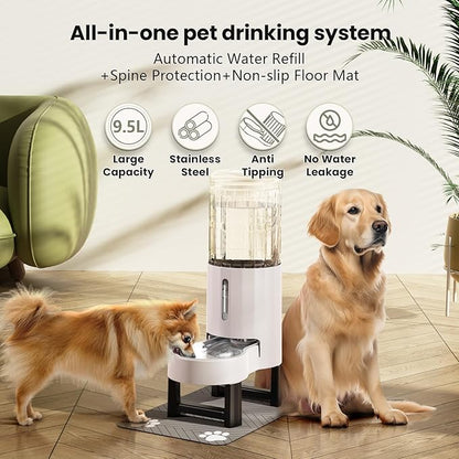 CZPET Elevated Dog Water Bowl Dispenser for Large Dogs,2.5 Gallon Tall Raised Pet Waterer Stand,Relieve Neck Pressure,Large Capacity and Drinking Area Noise-Free for Pets (9.5L+Stand,White)