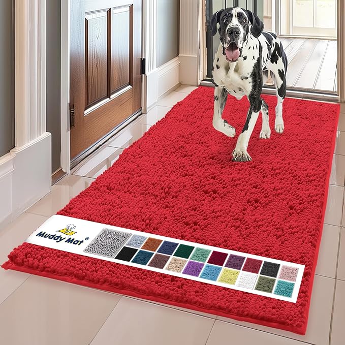 Muddy Mat® | Super Absorbent Door Mat Indoor, Microfiber Quick Dry Chenille Entryway Rug, Non-Slip Front Door Mat, Indoor Mats for Entryway, Machine Washable Pet Rug, Red 59"x24"