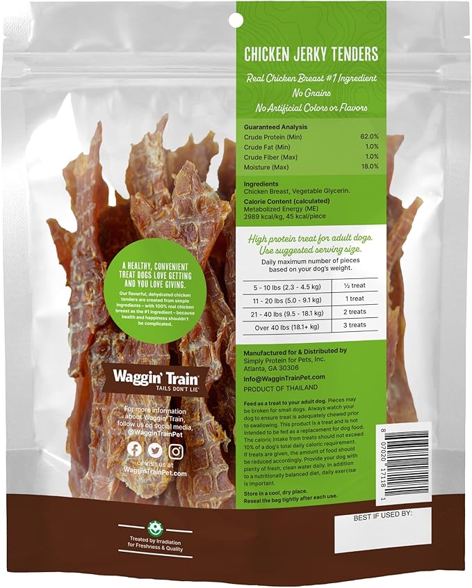 Waggin' Train Chicken Jerky Dog Treats, Made with 100% Real Chicken Breasts, Only Two All-Natural Ingredients, Great High Protein Dog Treat, Easily Digestible for Big or Small Dogs, 30 oz. Pouch