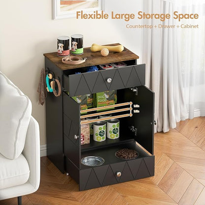 Pet Feeding Station with Storage, Raised Dog Bowls, Pet Feeder Cabinet, with Adjustable Shelves, Rolling Drawer, Hooks, for Feeding & Watering Supplies (Black)
