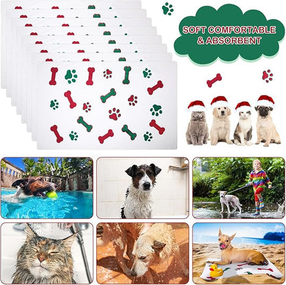 Chumia 8 Pcs Dog Towels for Drying Dogs Cats Pet Towels Bulk Puppy Microfiber Fast Drying Paw Bath Bathing Supplies Absorbent for Medium Pets(40 x 24 Inch,Dog Paw and Bone,Red Green)