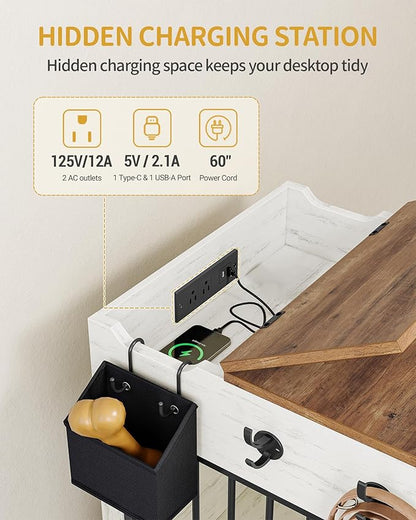Hzuaneri 24.6'' Dog Crate Furniture with Charging Station, Dog Kennel Indoor with Flip-Top Storage, Wooden Pet Cage Dog House End Side Table for Small Dogs Anti-Chew Anti-Escape, White Brown DFC90114B