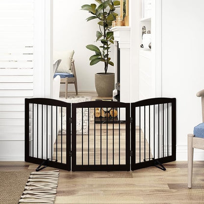 PUPETPO Freestanding Pet Gate for Dogs, Foldable Wooden Dog Gate for House, Indoor Dog Gate for Doorways, Stairs, Gates for Dogs Indoor, Support Feet Included, 24" Height 3 Panels, Brown