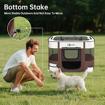 Dog Playpen,Cat Pet Puppy Pen,Portable Playpens for Dogs Indoor Outdoor Travel Camping Use,Foldable Dog Kennel Tent Crate for Rabbit Small Animals with Carrying Case (Brown, Small)