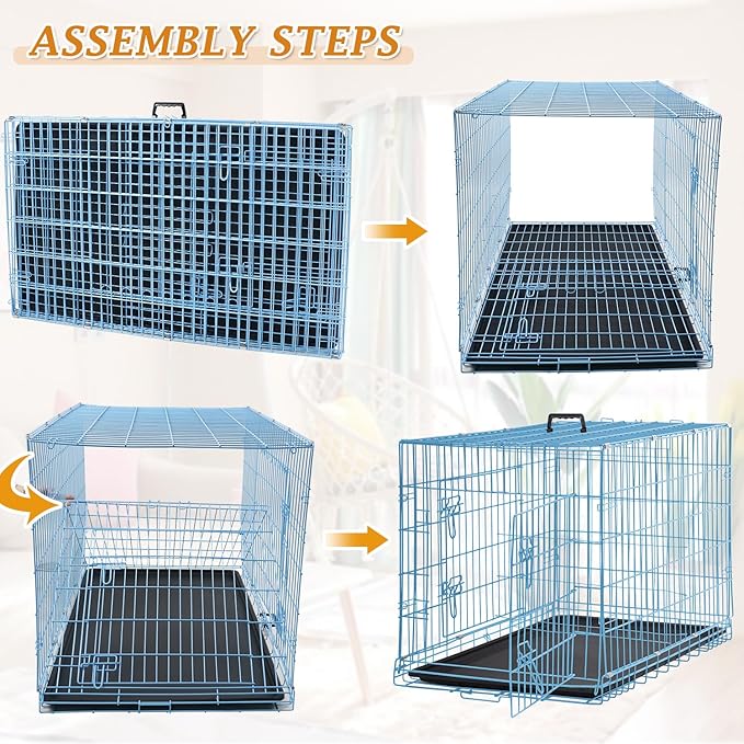 Folding Dog Crate 36" Metal Portable Outdoor Double Door Wire Large Cat Pet Dog Cage Kennel with ABS Tray LC & Divider, Blue