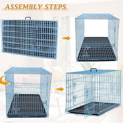 Folding Dog Crate 36" Metal Portable Outdoor Double Door Wire Large Cat Pet Dog Cage Kennel with ABS Tray LC & Divider, Blue