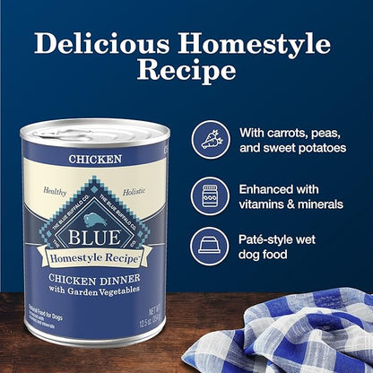 Blue Buffalo Homestyle Recipe Adult Wet Dog Food, Made with Natural Ingredients, Chicken Dinner with Garden Vegetables, 12.5-oz Can (Pack of 12)