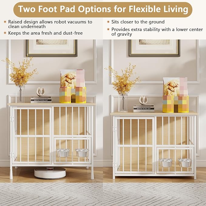 Hadulcet Foldable Dog Crate Furniture, No Assembly Indoor Dog Kennel with Storage Top, Wooden Dog Crate Table for Small to Medium Dogs (Up to 30 lbs), 27.55” Furniture Style Dog Cage with 2 Bowls Oak