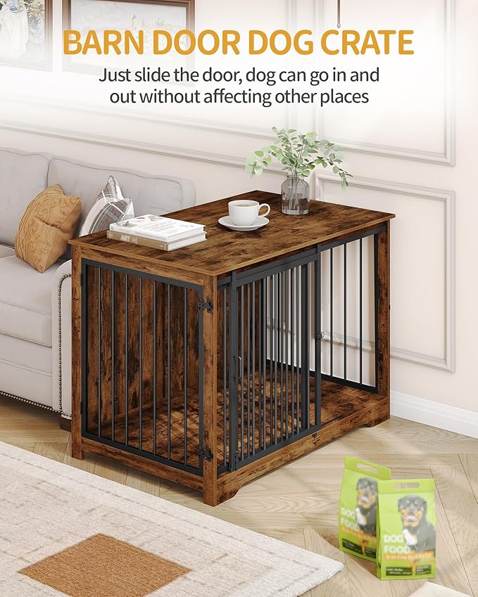 Hzuaneri 43.3" Dog Crate Furniture with Barn Door, Heavy Duty Dog Kennel Indoor with 2 Doors, Wooden Pet Cage End Table for Large Small Medium Dogs, Anti-Chew Anti-Escape, Rustic Brown DFC92301B