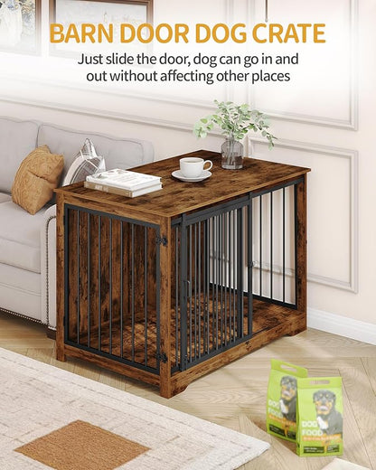 Hzuaneri 43.3" Dog Crate Furniture with Barn Door, Heavy Duty Dog Kennel Indoor with 2 Doors, Wooden Pet Cage End Table for Large Small Medium Dogs, Anti-Chew Anti-Escape, Rustic Brown DFC92301B