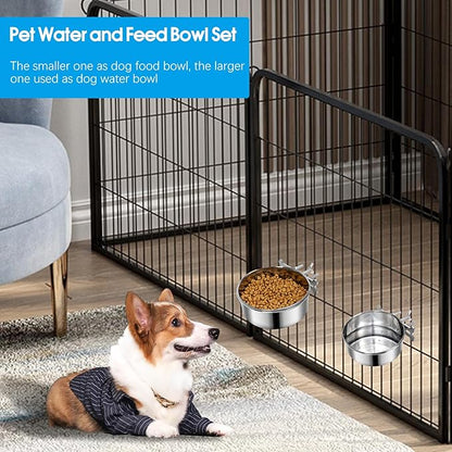 2 Pcs Small Dog Food Water Bowl for Cage with Upgraded Clamp Holder, Pet Kennel Hanging Bowls Stainless Steel Non-Spill Detectable Bowls Crate Feeder for Small Dogs (4.7x2'' & 4x1.8'')