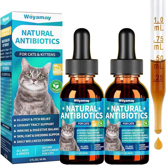 Woyamay Antibiotics for Cats, Natural Antibiotic for Allergy Relief, Urinary Tract Health, Itch Relief & Digestion Care, Cat Allergy Relief for Cats, Cat Immune Support Supplement, 4 Fl Oz