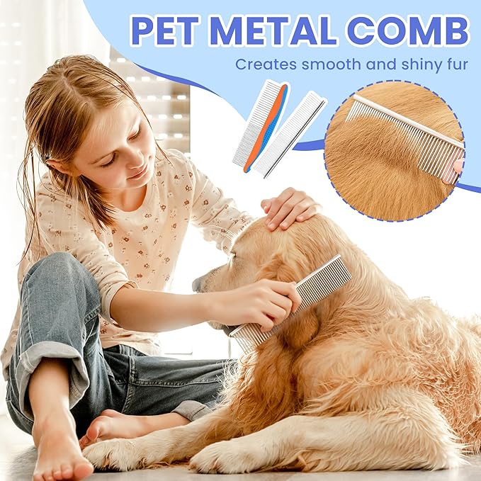 Self Cleaning Shedding Brush - 5-in-1 Professional Pet Grooming Kit Skin Friendly Grooming Tool for Dogs, Cats, and Puppies, Deshedding and Hair Removal for Long and Short Haired Pets,（Blue-Orange）