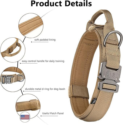 DAGANXI Tactical Dog Collar, Adjustable Military Training Nylon Dog Collar with Control Handle and Heavy Metal Buckle for Medium and Large Dogs, with Patches and Airtags Case (S, Brown-Set)