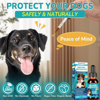 Woyamay Antibiotics for Dogs | Natural Dog Antibiotics for Allergy Relief, Itch Relief, Coughs, Skin Health, Breath Treatment, Digestion | Herbal Supplement to Care for Ears, Eyes & Coat, 2 Fl Oz