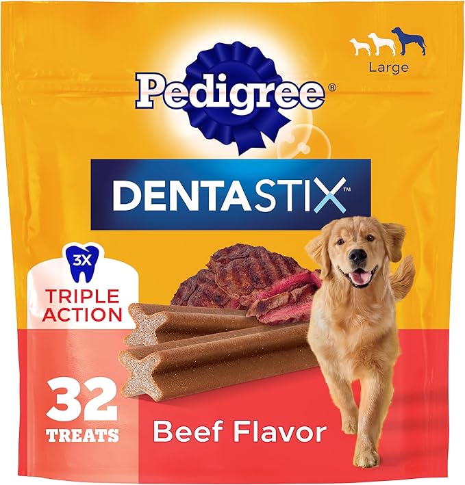 Pedigree Dentastix Dog Dental Treats, Large Breed Dog Treats, Beef Flavor, 1.67 lb. Bag (32 Treats Total)