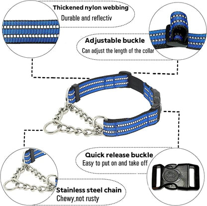 Martingale Dog Collars, Reflective Nylon Collar with Stainless Steel Chain, Adjustable Walking Training Dog Collars with Quick Release Buckle, Suitable for Small Medium Large Dogs(Blue,M)