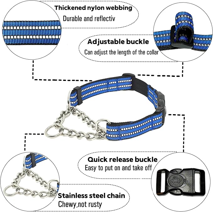 Martingale Dog Collars, Reflective Nylon Collar with Stainless Steel Chain, Adjustable Walking Training Dog Collars with Quick Release Buckle, Suitable for Small Medium Large Dogs(Blue,L)