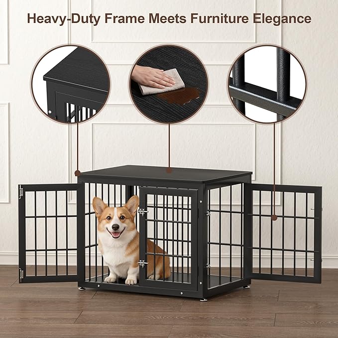 rehomerance 32 Inch Heavy Duty Dog Crate Furniture for Medium and Small Dogs, Decorative Pet House End Table, Wooden Cage Kennel Furniture Indoor, Black