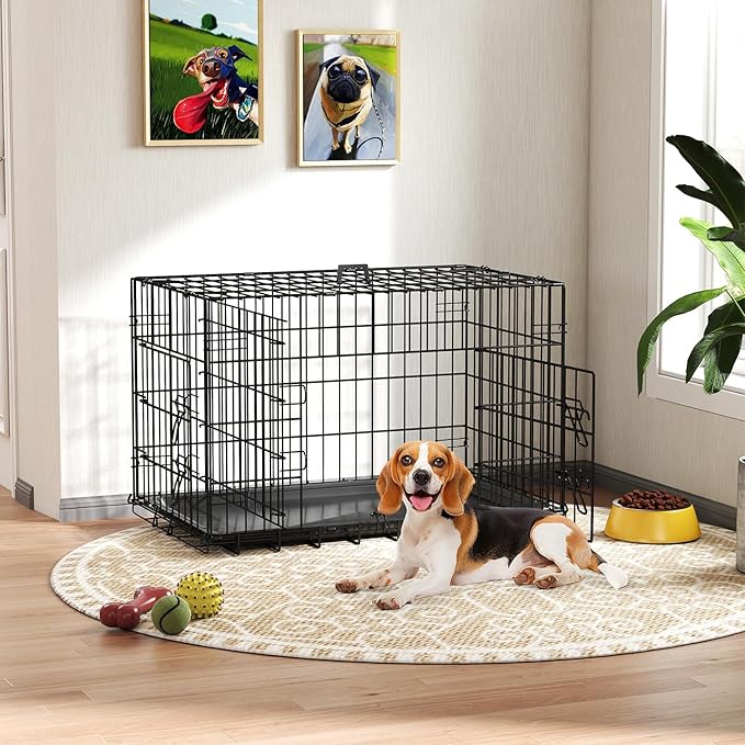 FDW Dog Crate 30-Inch Dog Cage Single Door Foldable Metal Kennel with Leakproof Tray Foldable Design Indoor Outdoor Use for Small and Medium Dogs,Dark Black