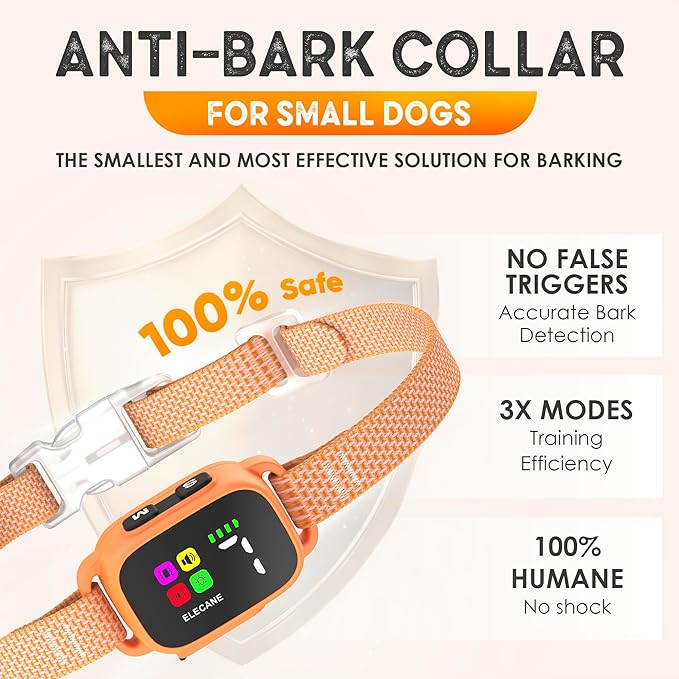 Tiny Bark Collar for Small Dogs 5-15 lbs and Puppies - No Shock Anti Barking Collar - Rechargeable Smart Collar for Dog Training with 7 Sensitivity Levels and 3 Beep&Vibration Modes (Pure Orange)