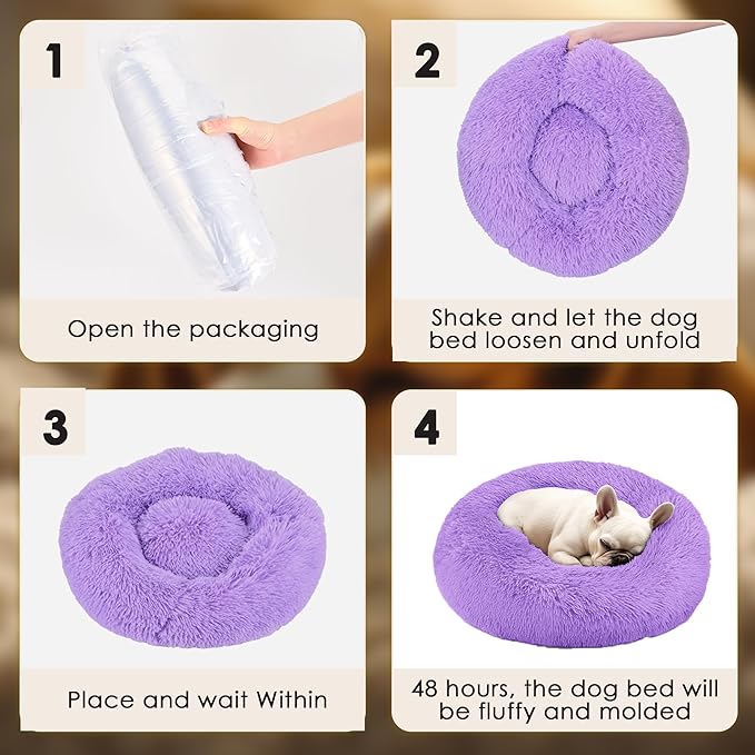 Hoewina Dog & Cat Bed, 20in Cat Beds for Indoor Cats, Calming Donut Bed for Puppy and Kitten, Washable Round Fluffy Pet Bed for Small Medium Dogs and Cats (Purple)