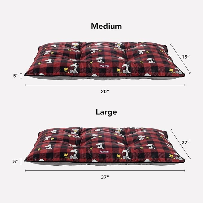 Berkshire Peanuts® Square Dog Bed, Suedemink Fleece Pet Mat with Waterproof & Non-Slip Bottom, Soft Plush Dog Mat for Crate, Couch, or Floor, Machine Washable(Snoopy Everyday Buffalo Plaid, Large)