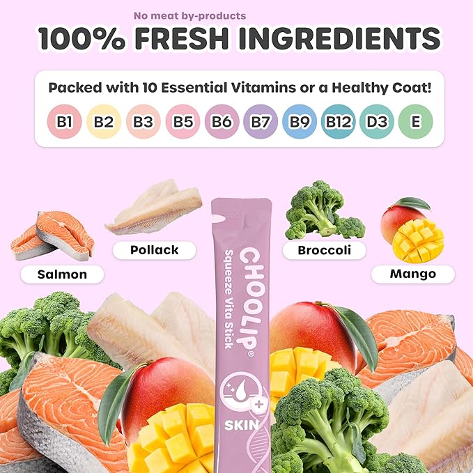 Choolip Squeeze Vita Stick Lickable Cat and Dog Treats, 7-Count Skin and Coat Support, Salmon and Pollack with Biotin and Vitamin E, Vet-Formulated
