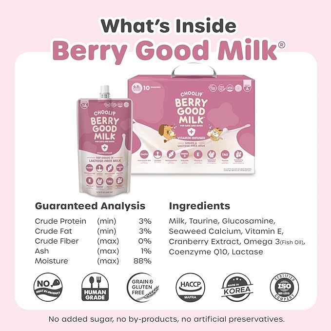 Choolip Berry Good Milk for Cats & Dogs – 10-Pack Lactose-Free Pet Milk, 200ml Pouches – Vet-Formulated Hydrating Drink with Cranberry, CoQ10, Glucosamine & Omega-3