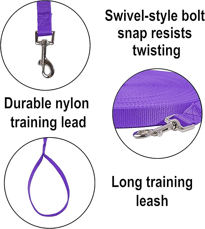 Hi Kiss Dog/Puppy Obedience Recall Training Agility Lead - 15ft 20ft 30ft 50ft 100ft Training Leash - Great for Training, Play, Camping, or Backyard Purple 15 Feet