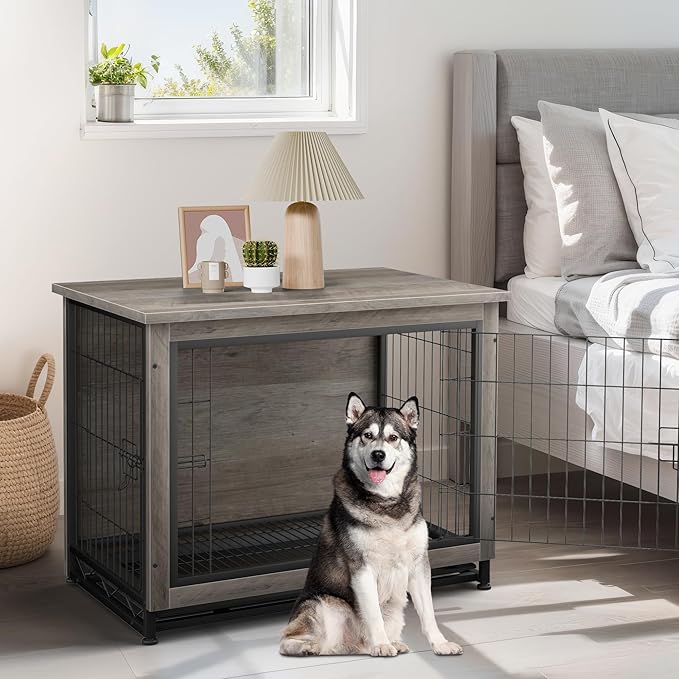JY QAQA Dog Crate Furniture, Wooden Dogs Crate Table, Double-Doors Dog Furniture, Indoor Dog Kennel, Dog House, Dog Cage/Grey/L