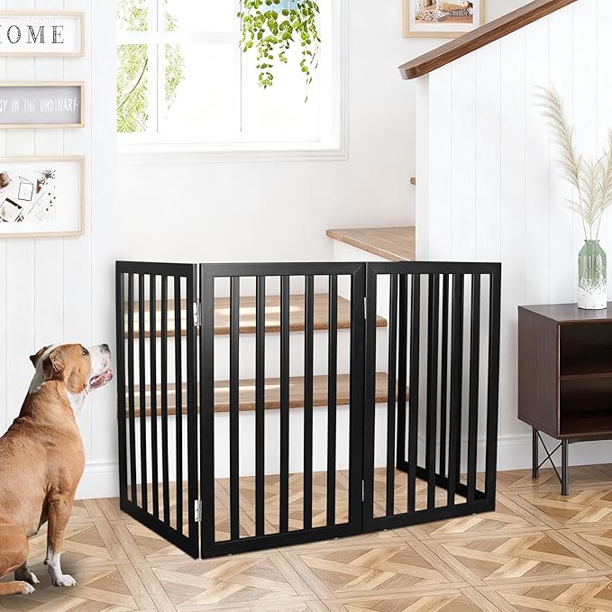 ZJSF Freestanding Indoor Dog Gate for House Foldable Wood Black Puppy Gate for Doorways Pet Gate for Stairs Extra Wide Pet Fence 32" Height 2 Panels