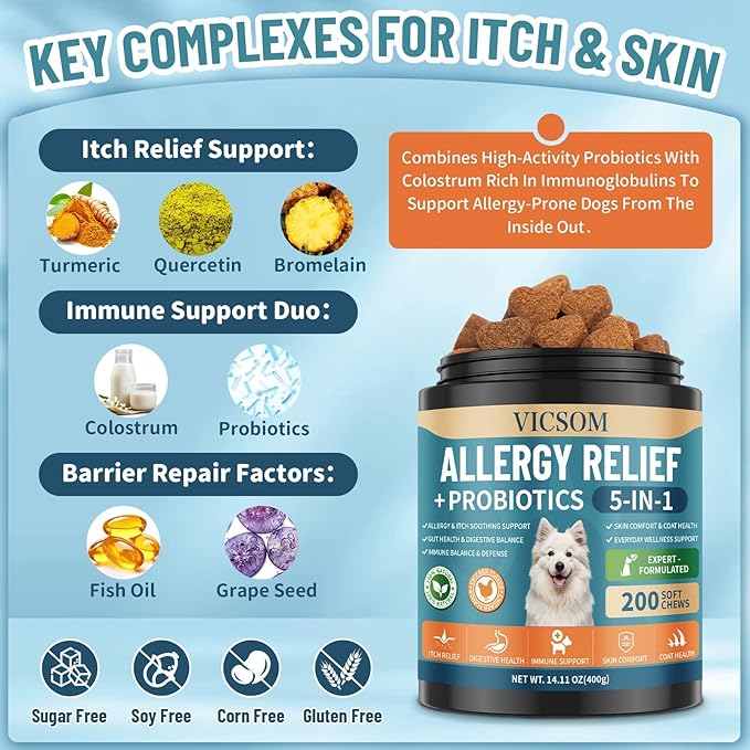 Dog Allergy Chews with Probiotics for Dogs, 200 Dog Allergy Relief Treats for Dogs Immune Support & Itching Skin Relief, Ears, Eyes, Paws Support, Dog Probiotics for Gut Health, Chicken Flavor