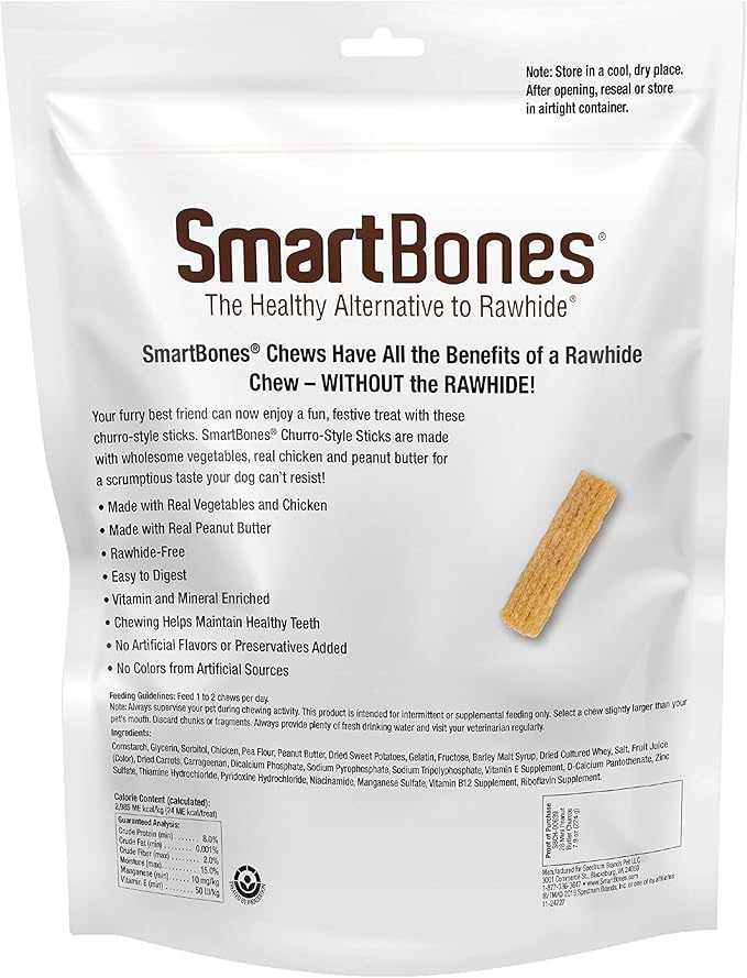 SmartBones Churro-Style Mini Sticks 28 Count, Made with Real Peanut Butter, Rawhide-Free Chews for Dogs