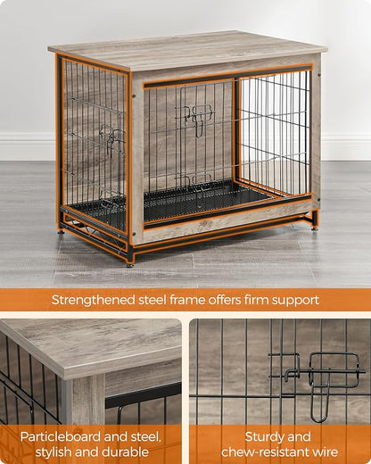 Feandrea 32.5" Dog Crate Furniture, Indoor Dog Cage Side End Table, L Pet Wood Kennel for Large and Medium Dogs up to 45 lb with Multi-Purpose Removable Tray, Double-Door Pet House, Greige