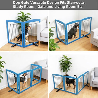 ZJSF Freestanding Dog Fence Indoor, Foldable Dog Gate for Doorways, Stairs or Hallways, Sturdy Wood Extra Wide Pet Gate with Support Feet for The House, Blue, 32 "Height-2 Panels