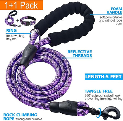 Ladoogo Reflective Dog Collar Padded with Soft Neoprene Breathable Adjustable Nylon Dog Collars for Small Medium Large Dogs (Medium (Pack of 1), Purple/Pink Floral Collar+Leash)