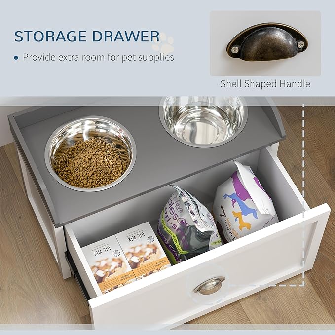 PawHut Large Elevated Dog Bowls with Storage Drawer Containing 21L Capacity, Raised Pet Feeding Station 2 Stainless Steel Grey,White